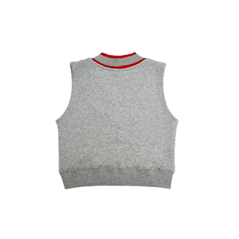 Full back view of the heather grey sweat vest showing the contrast striped ribbed hem.