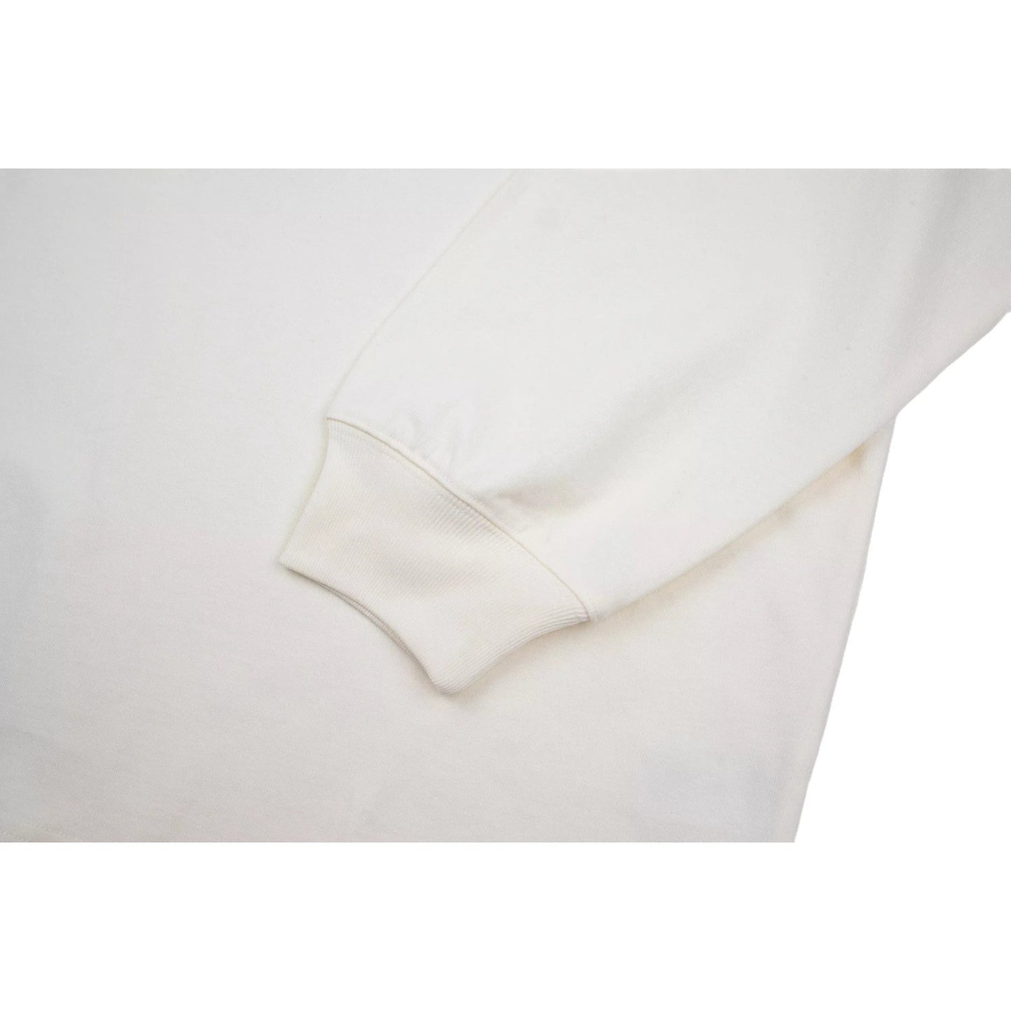 Detailed shot of the durable ribbed cuffs on the heavyweight cotton sleeve.