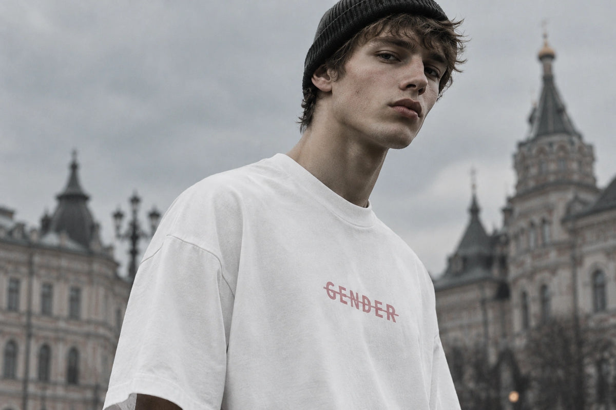 OGender oversized white T-shirt with a minimalist pink GENDER print, worn by a young male model against a blurred Russian architectural backdrop.