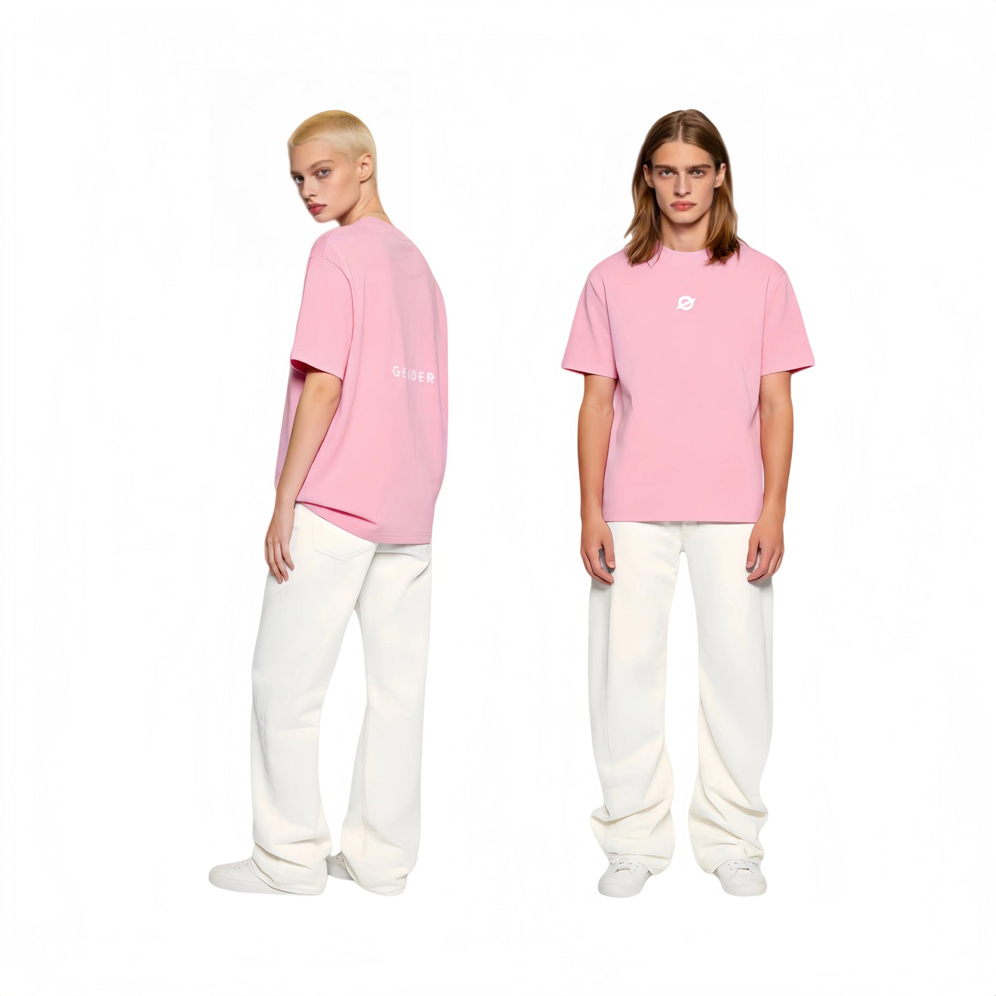 Lifestyle shot of Ogender Pink mini logo tee: male model in a front pose and female model in a side profile to showcase the centered back print. Perfect gender-neutral fit for teens and adults