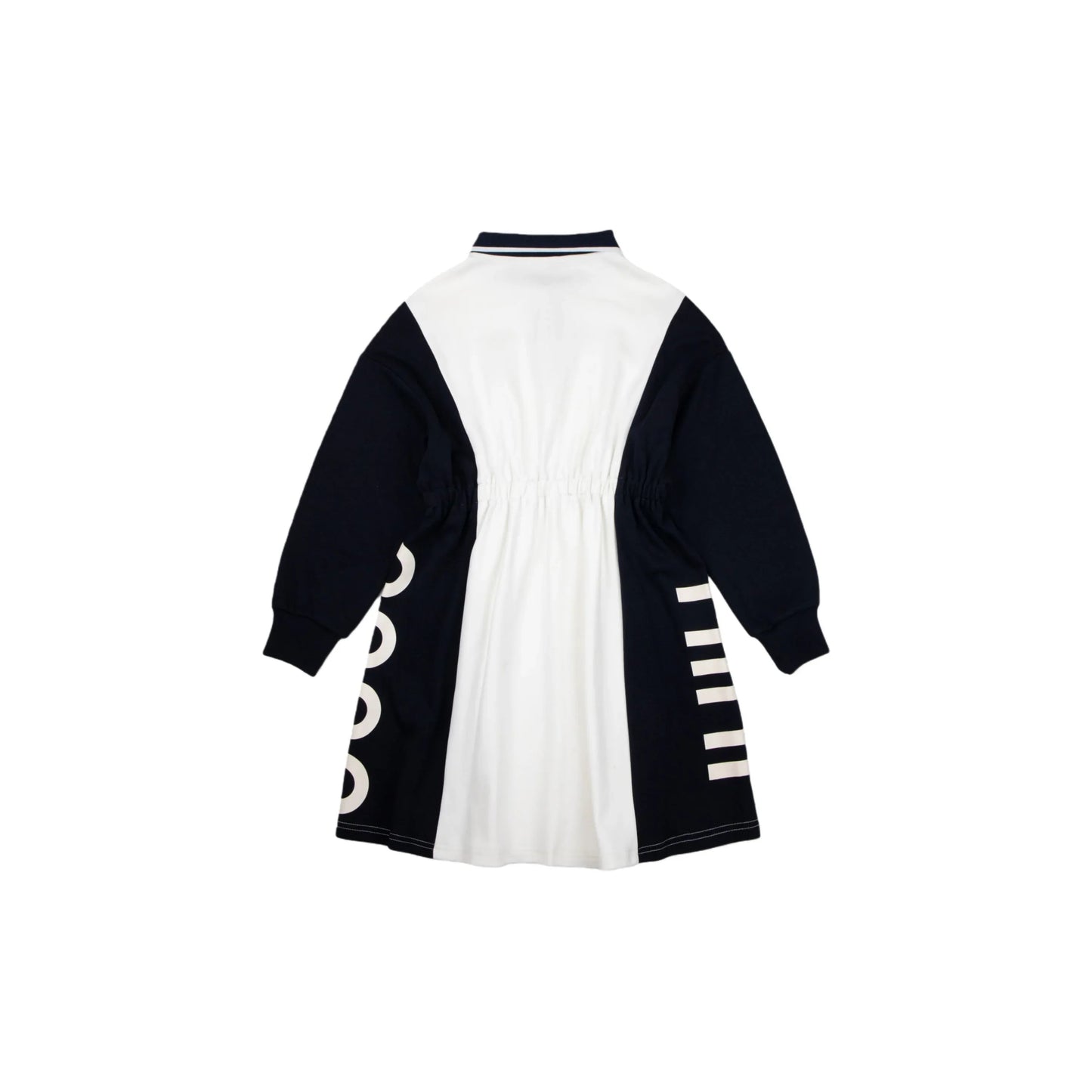 Back view of the navy and white color-block polo dress showing the clean cut.