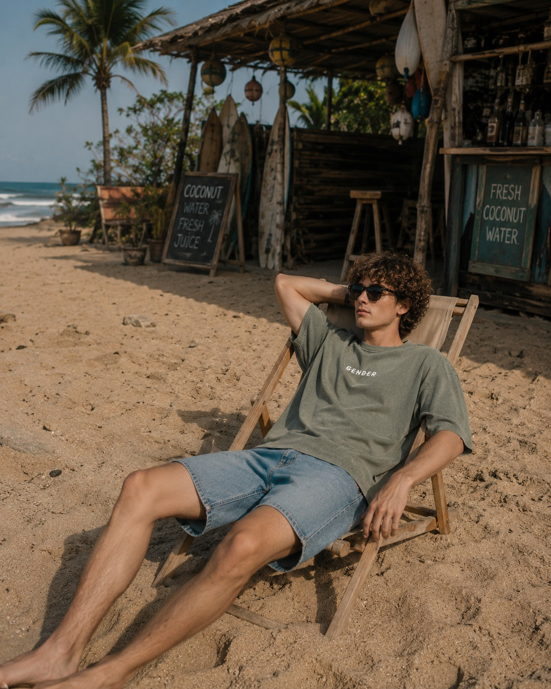 Curly-haired male model wearing an oversized vintage-washed olive green Ogender T-shirt and knee-length denim shorts, relaxing on a beach chair beside a beach café in a natural summer lifestyle setting.