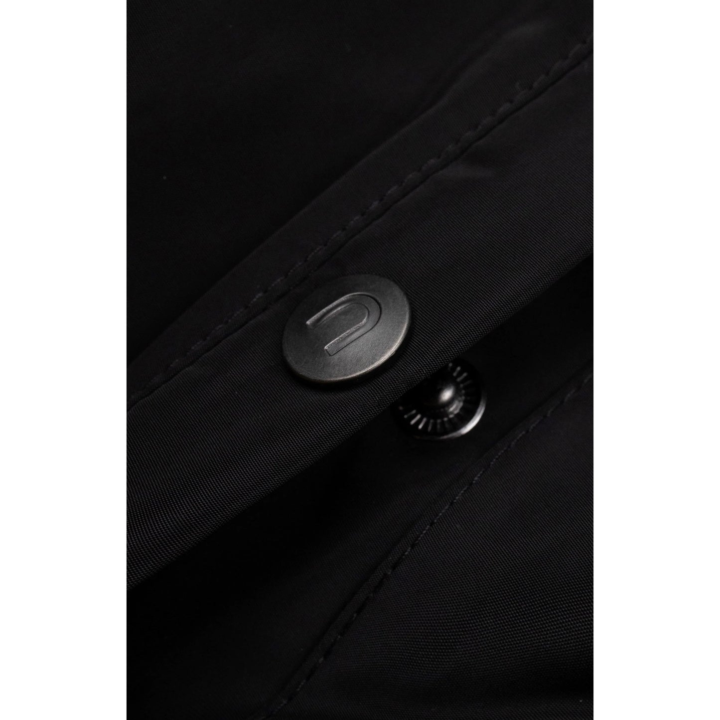 Detailed shot of the high-quality matte metal snap buttons on the front placket.
