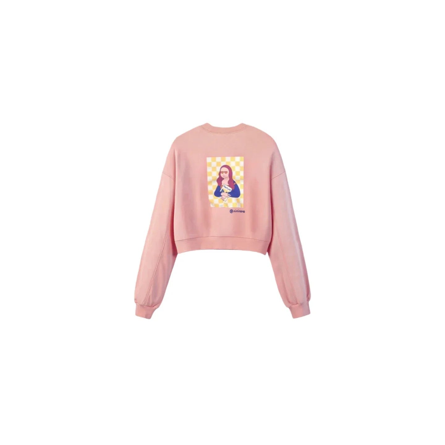 Back flat lay of the pink sweatshirt showcasing the large signature urban character graphic.