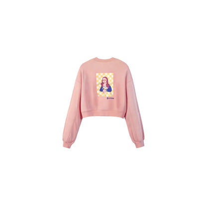 Back flat lay of the pink sweatshirt showcasing the large signature urban character graphic.
