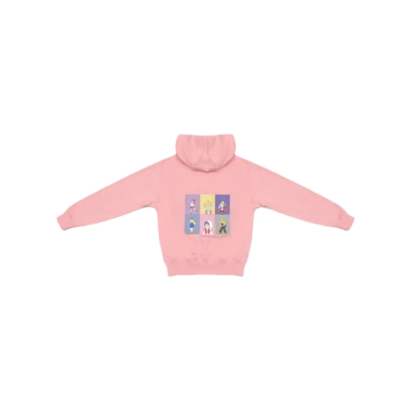 Back view of pink hoodie with 6-panel cartoon print and inspirational quote.