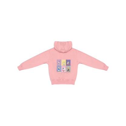 Back view of pink hoodie with 6-panel cartoon print and inspirational quote.