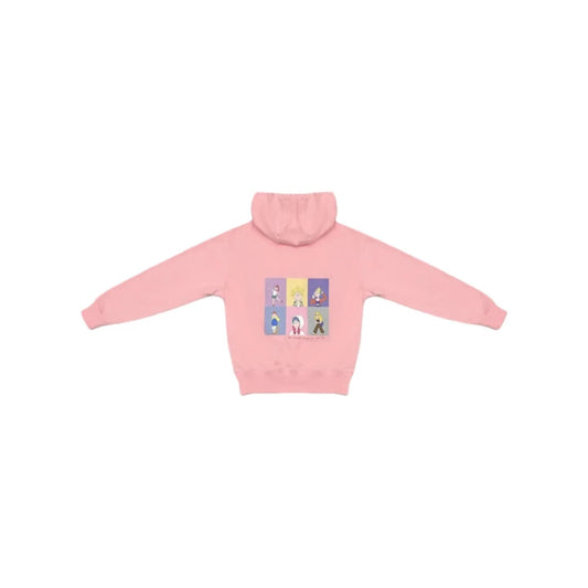 Back view of pink hoodie with 6-panel cartoon print and inspirational quote.