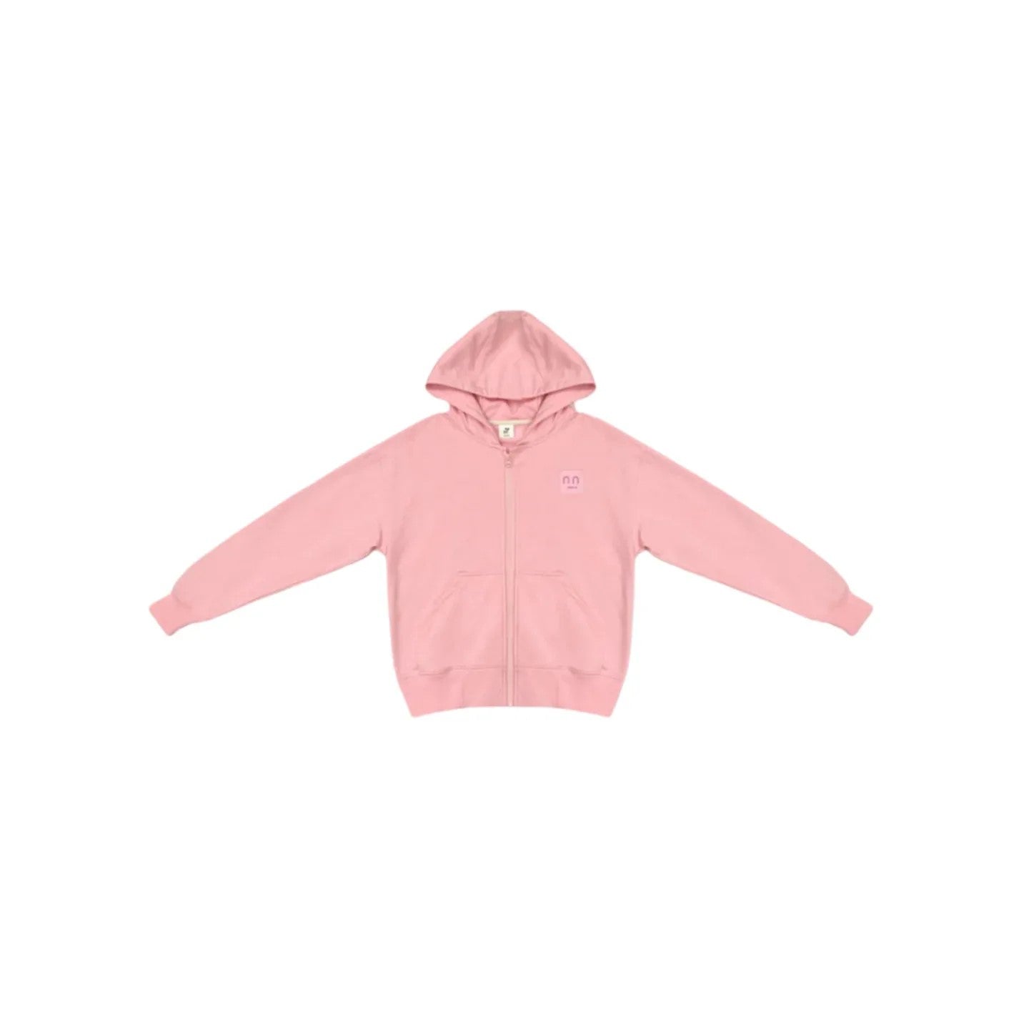 Front view of the pink 330g zip-up hoodie with rubberized smile logo.