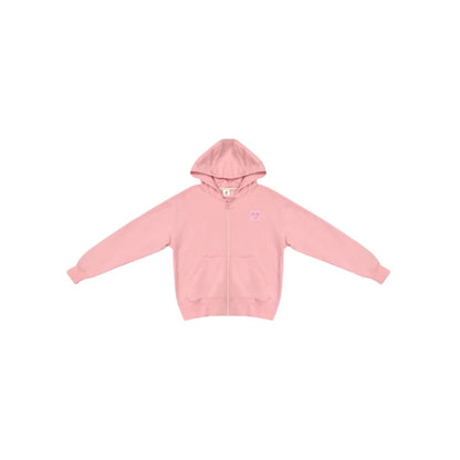 Front view of the pink 330g zip-up hoodie with rubberized smile logo.