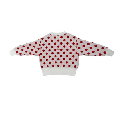 Full back view of the Ogender polka dot cardigan showing the overall pattern.