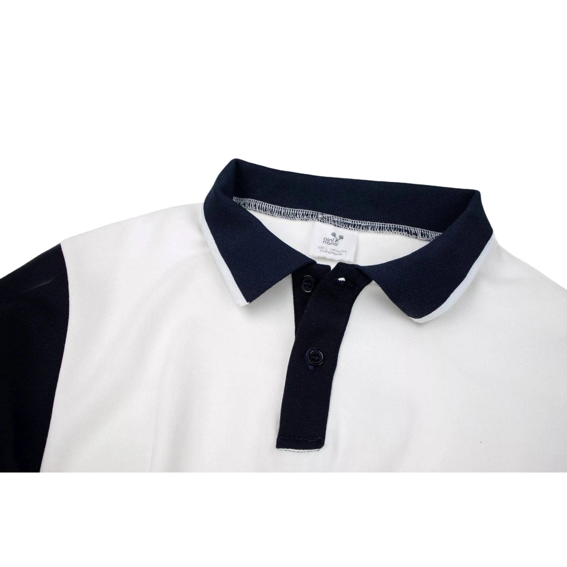 Close-up of the dark navy polo collar and button placket with white stitching.