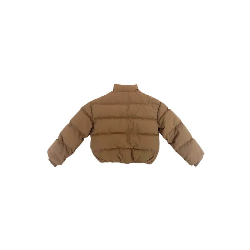 Full back view flat lay of the premium 90% white goose down puffer jacket in Earth Brown.