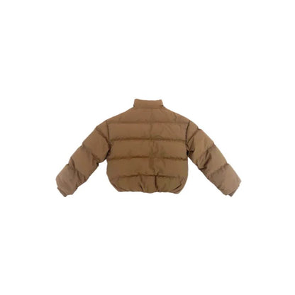 Full back view flat lay of the premium 90% white goose down puffer jacket in Earth Brown.