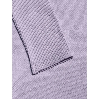 Detail of the finely stitched sleeve cuff and the thick 290 GSM dusty purple cotton fabric.
