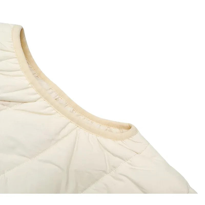 Close-up of the clean elasticized binding at the armholes to seal in warmth.