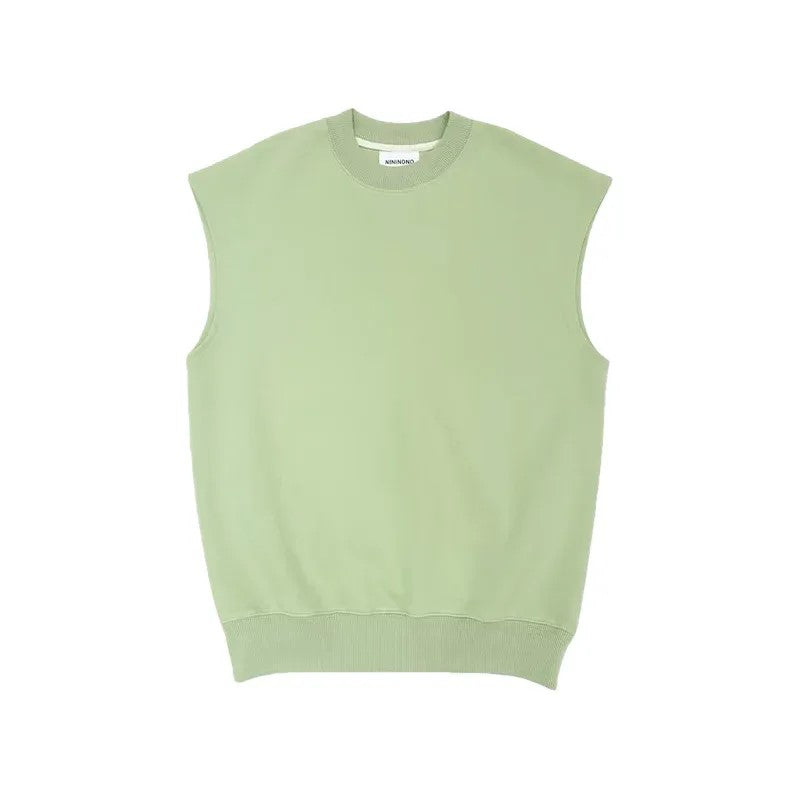 Front view of the 320 GSM heavyweight sleeveless sweatshirt in Sage Green.