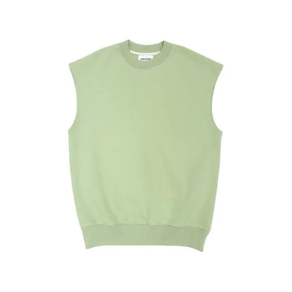 Front view of the 320 GSM heavyweight sleeveless sweatshirt in Sage Green.