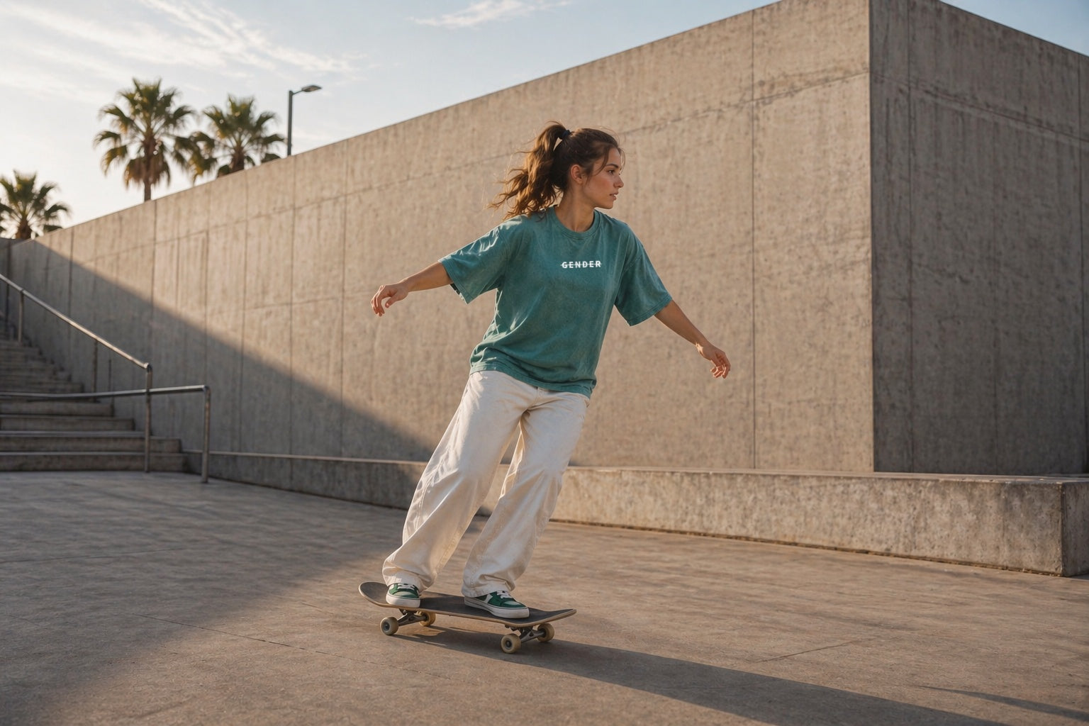 A model wearing an Ogender vintage washed sage green oversized t-shirt while skateboarding in a sunlit European plaza, capturing a sense of freedom and unisex street style.