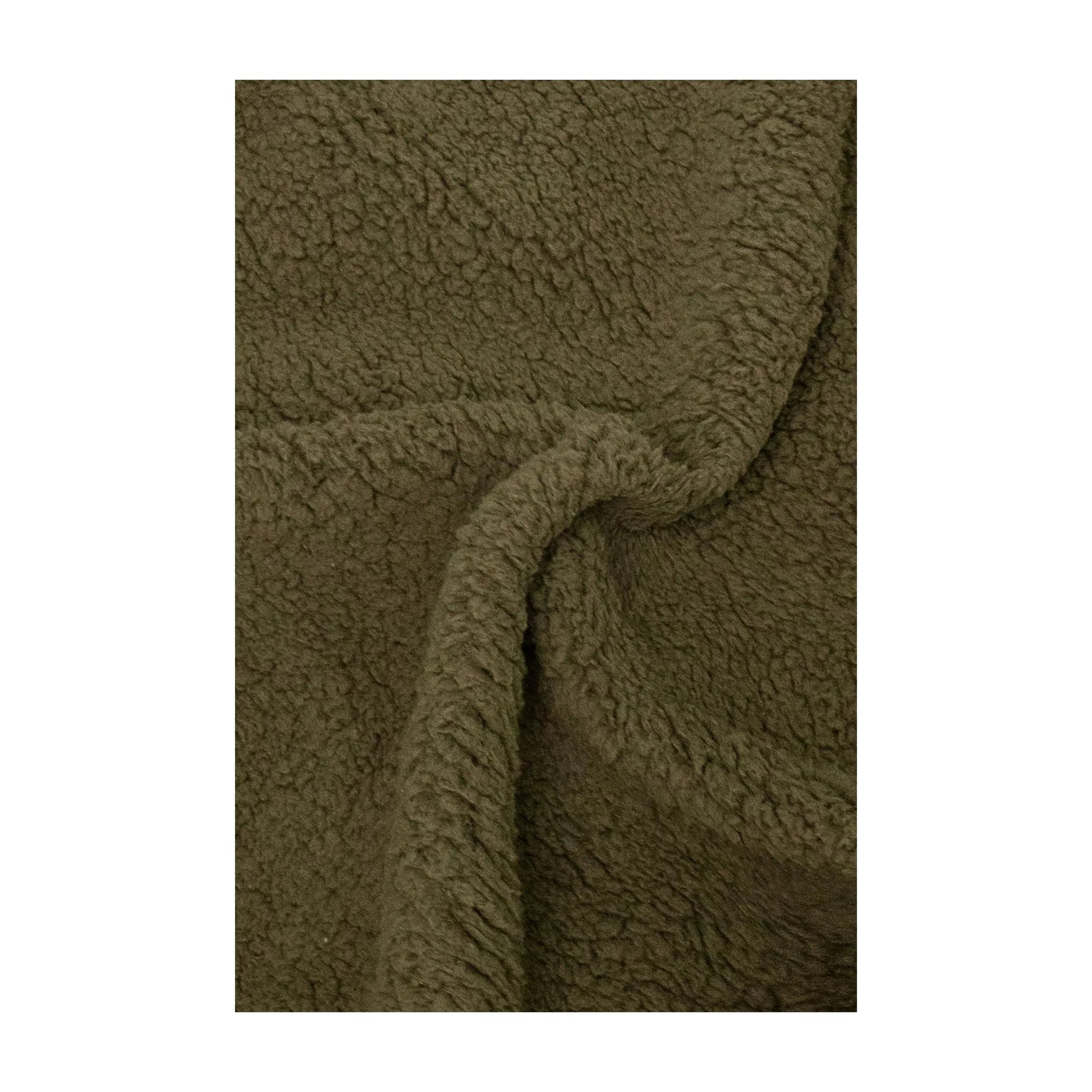 Detailed shot of the high-quality anti-pilling Sherpa fabric texture in army green.