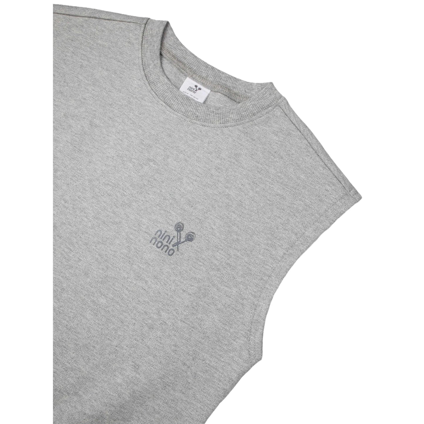 Detail shot of the ribbed crewneck and "nininono" graphic print on the sweat vest.