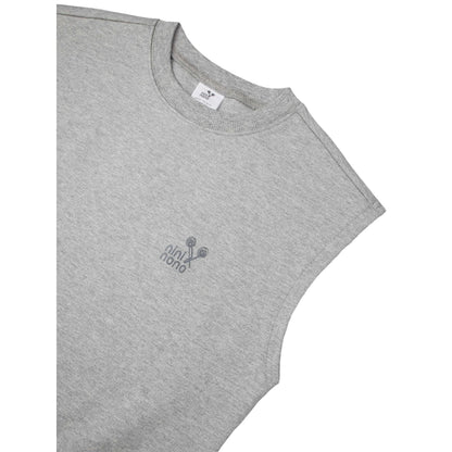 Detail shot of the ribbed crewneck and "nininono" graphic print on the sweat vest.