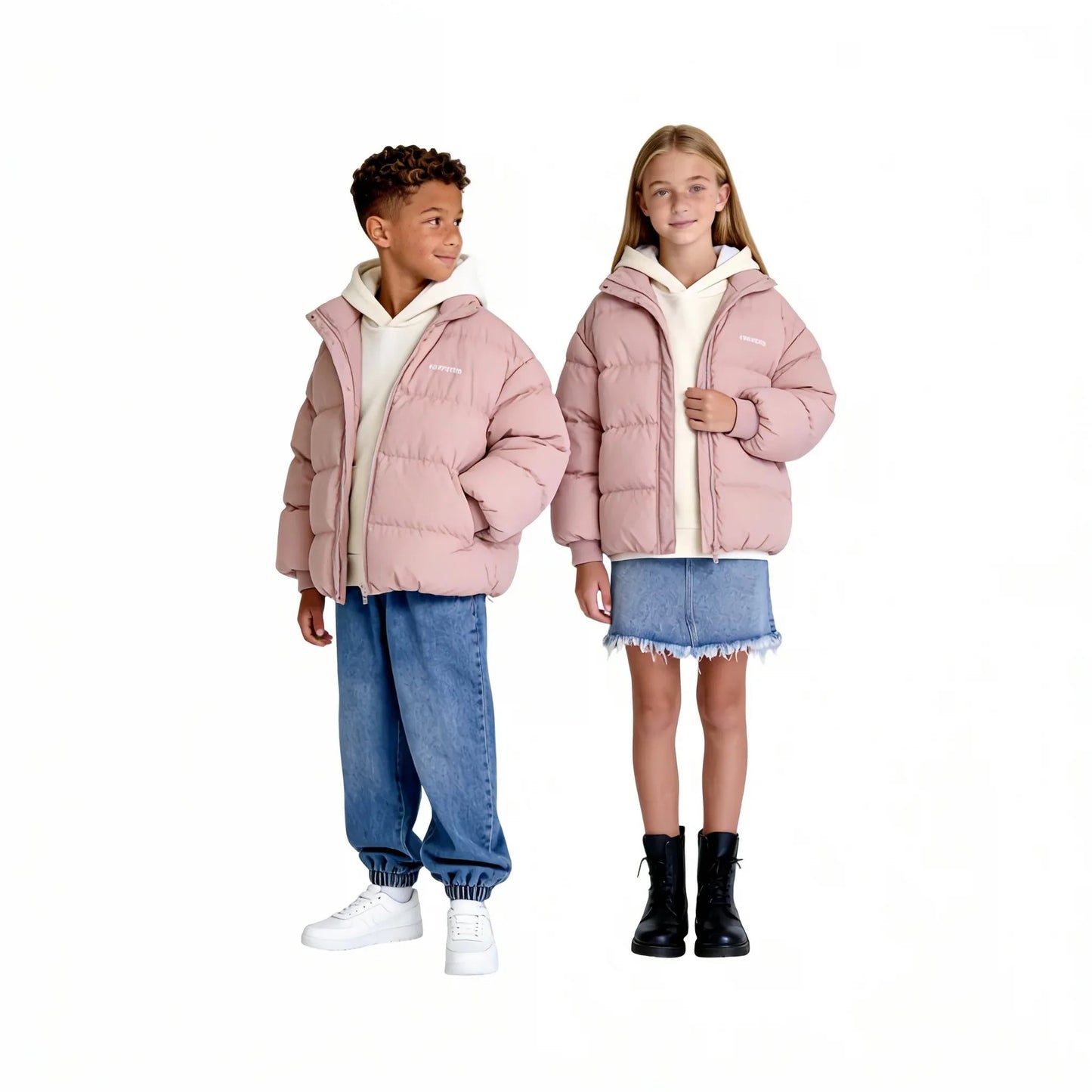 A teen boy and girl modeling the Soft Pink and Avocado Green puffer jackets.