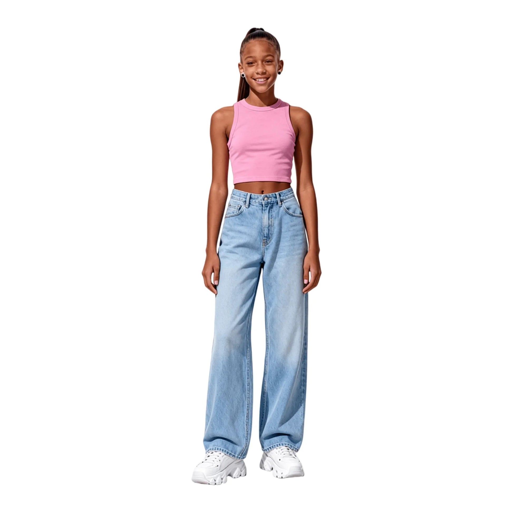 Teen model wearing Pink 260 GSM cropped tank with high-waisted denim.