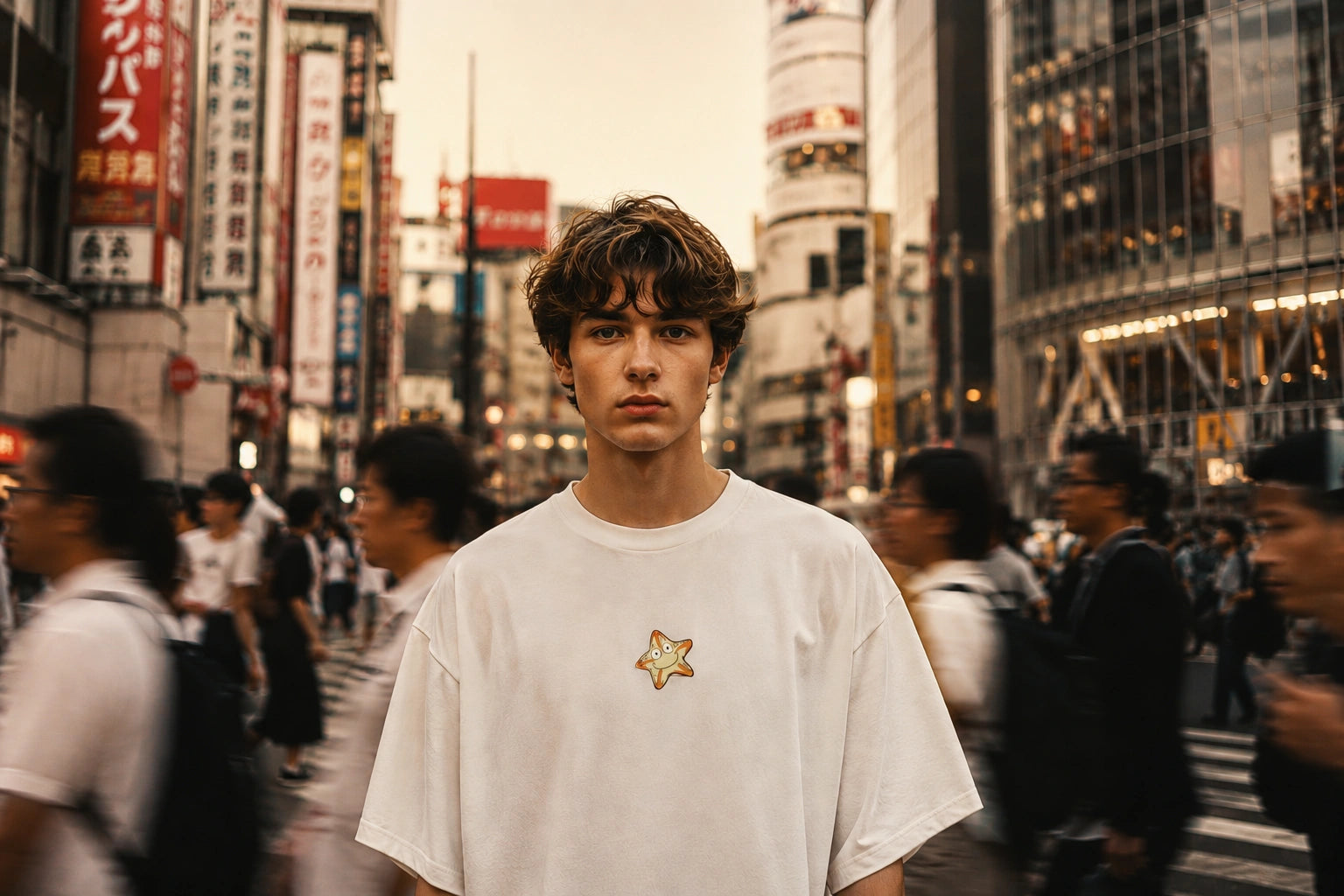 OGender summer campaign featuring a male model wearing a white unisex t-shirt with a hand-drawn starfish graphic on a vibrant Tokyo street