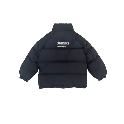 Full back view flat lay of the unisex black stand-collar puffer jacket for kids and juniors.