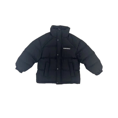 Front view of the kids and junior stand-collar puffer in Classic Black.