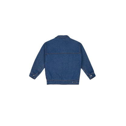 Full back view of the vintage blue denim jacket showing the clean-cut horizontal yoke.