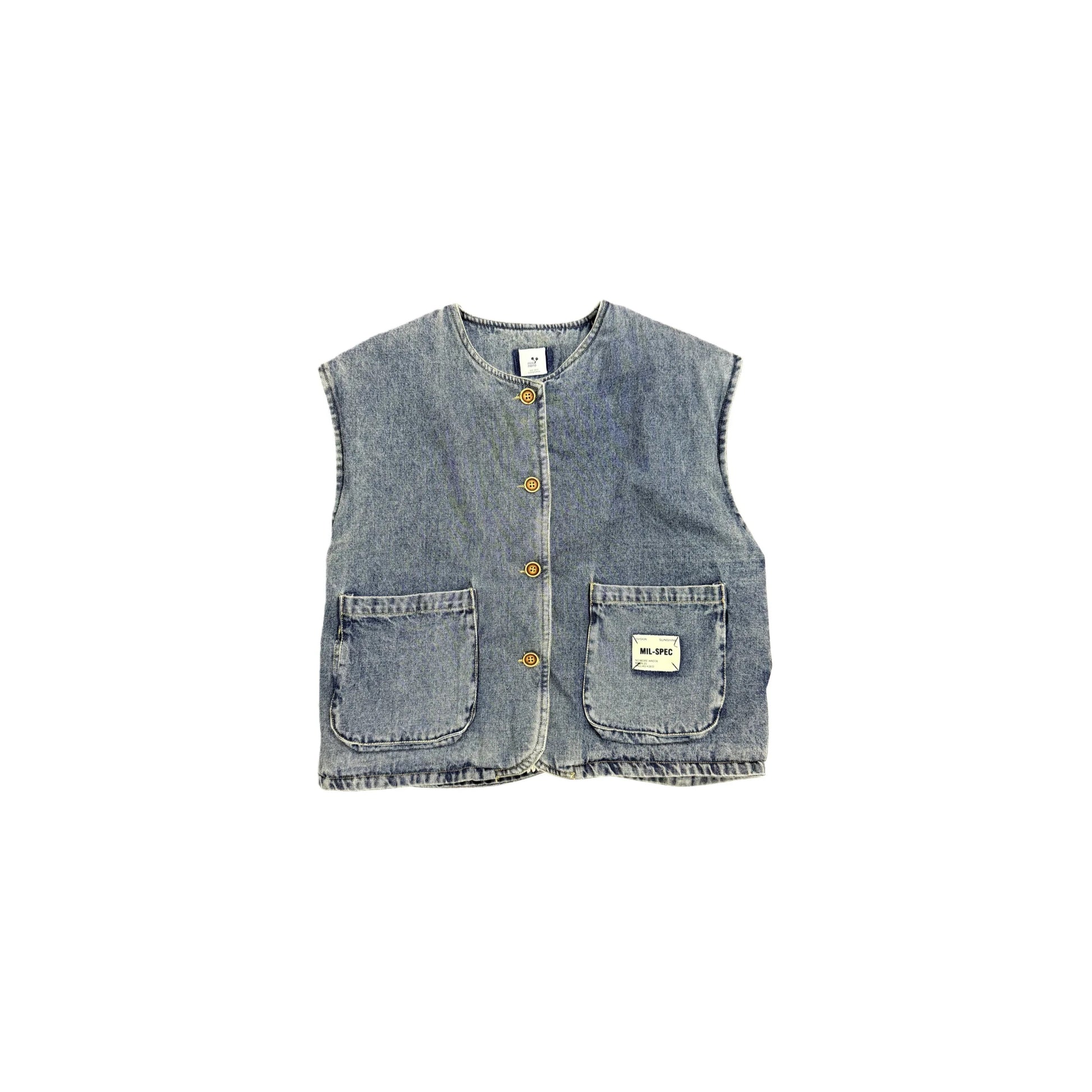 Front view flat lay of the unisex light-blue denim padded vest for kids.
