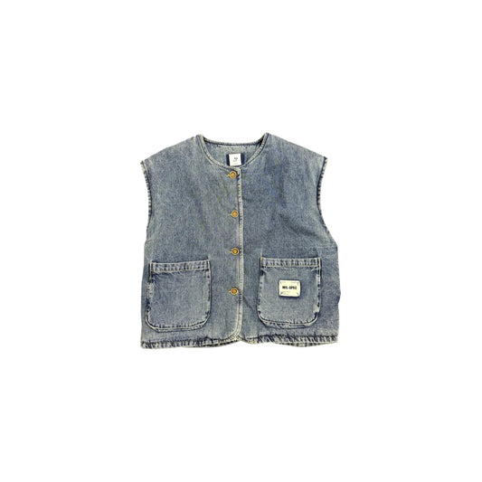 Front view flat lay of the unisex light-blue denim padded vest for kids.