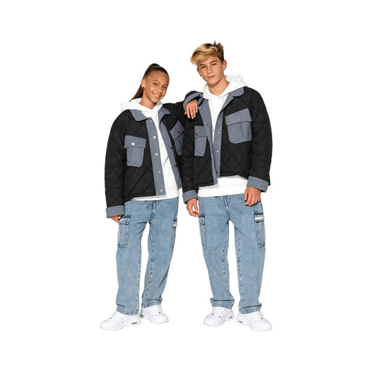 Teens models showcasing the oversized denim-patchwork puffer jackets in a streetwear style.