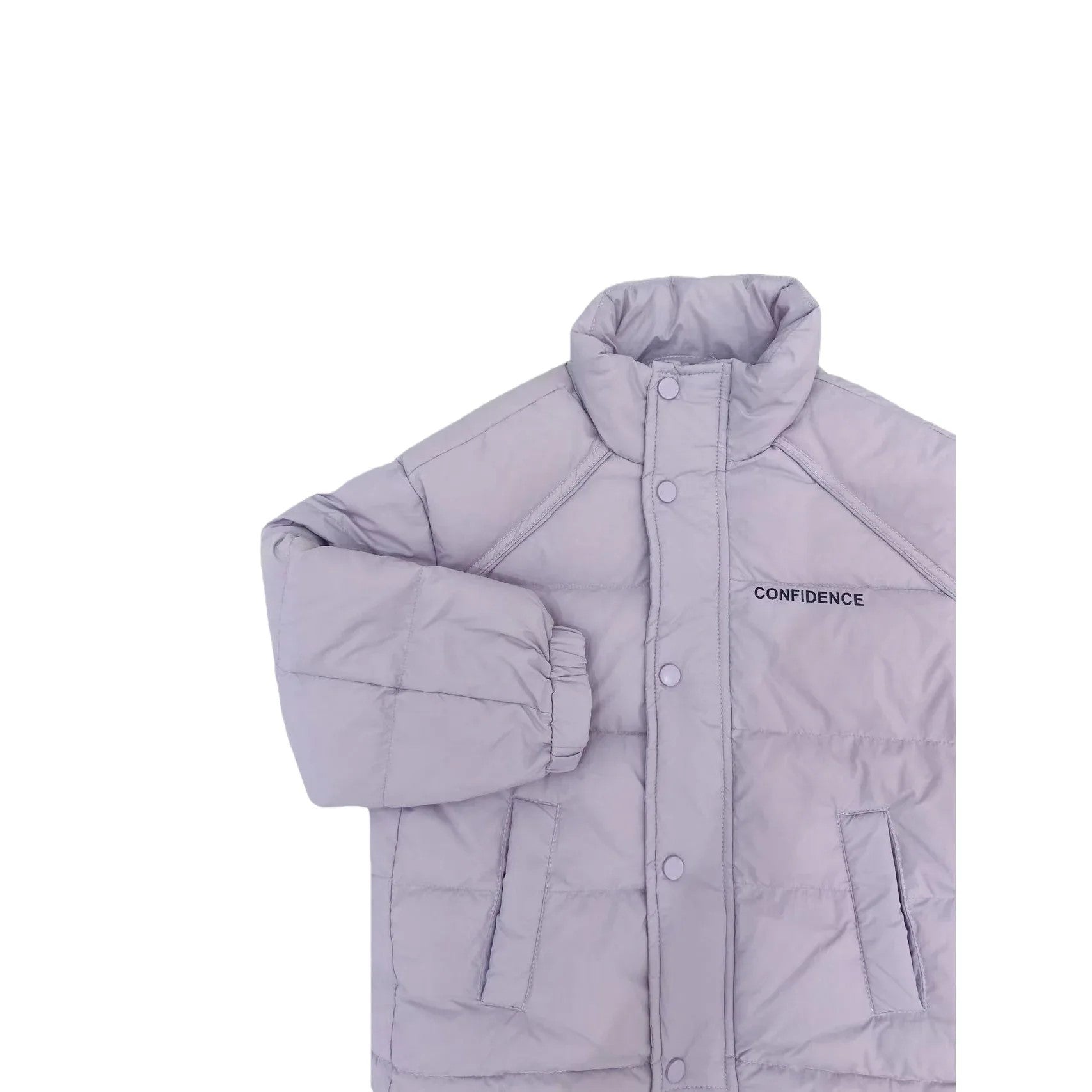 Close-up of the "CONFIDENCE" embroidery and high-neck stand collar on the soft lavender puffer jacket.