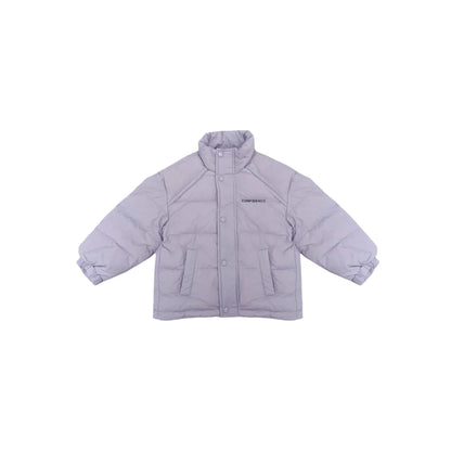Front view of the kids and junior stand-collar puffer in Soft Lavender.