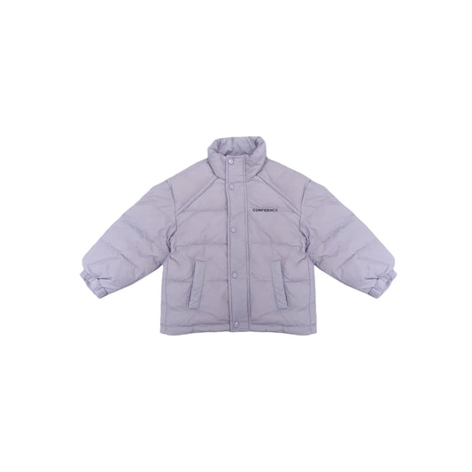 Front view of the kids and junior stand-collar puffer in Soft Lavender.