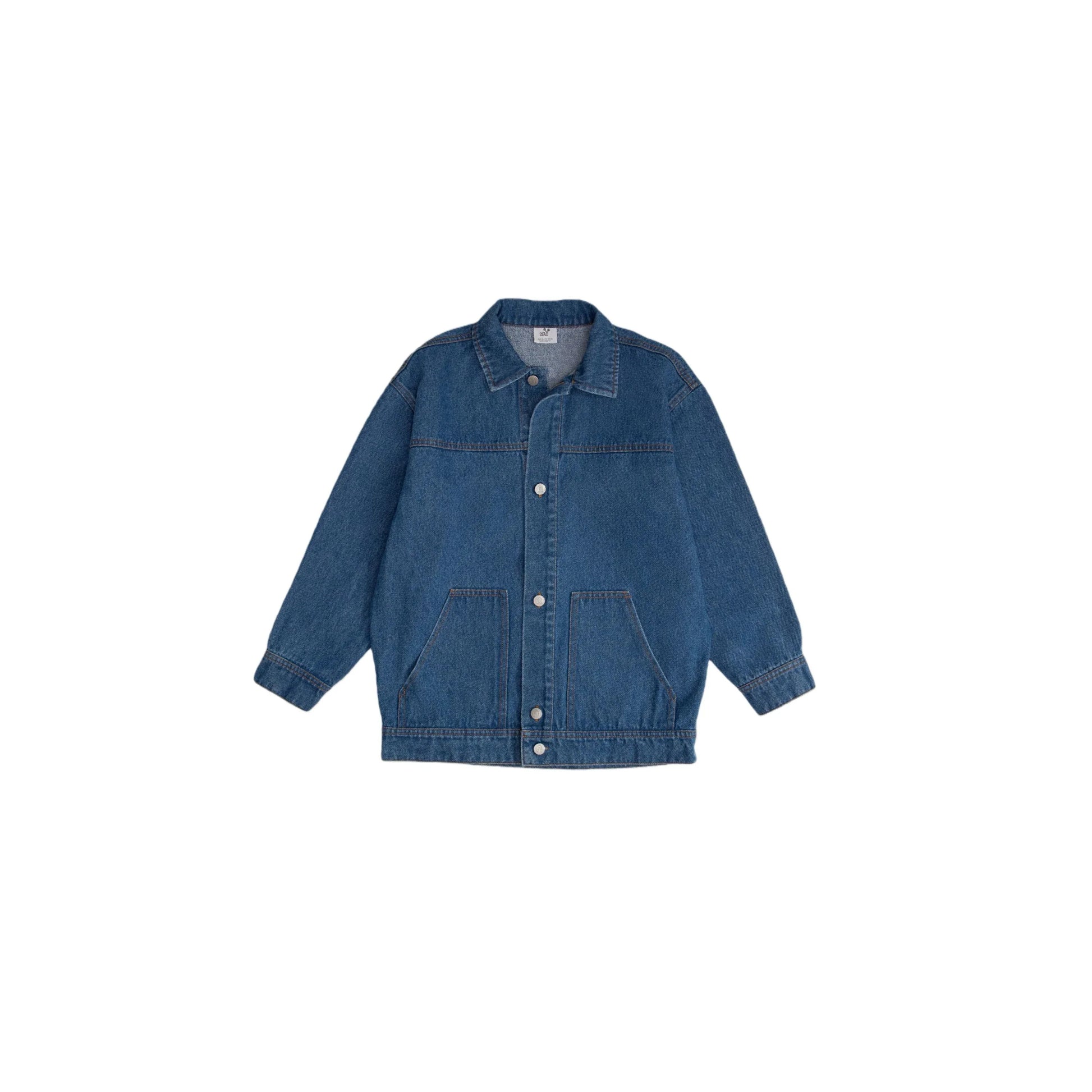 Front view of the unisex oversized washed cotton denim jacket in vintage blue.