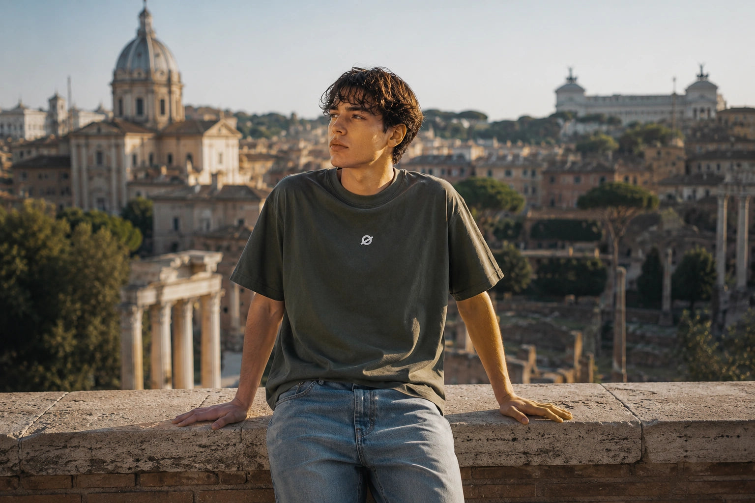 male model wearing an oversized military green unisex logo T-shirt and jeans in Rome.