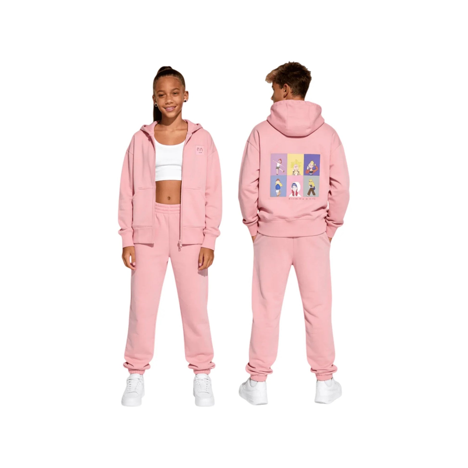 A boy and a girl modeling the pink oversized zip-up hoodie for a unisex streetwear look.