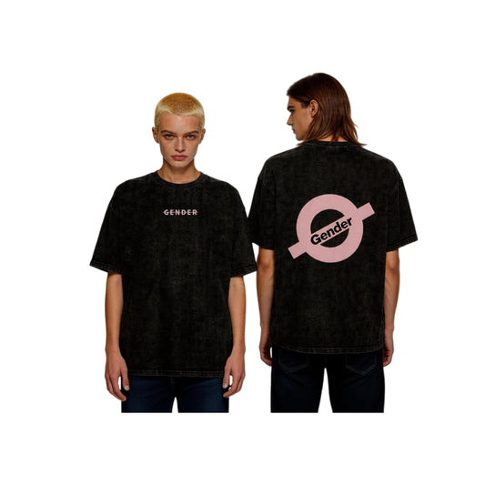 A young man and woman modeling the front and back views of the Ogender Unisex Heavyweight Street Dance Washed Tee in black, showcasing the pink graphic logos and vintage-inspired texture.