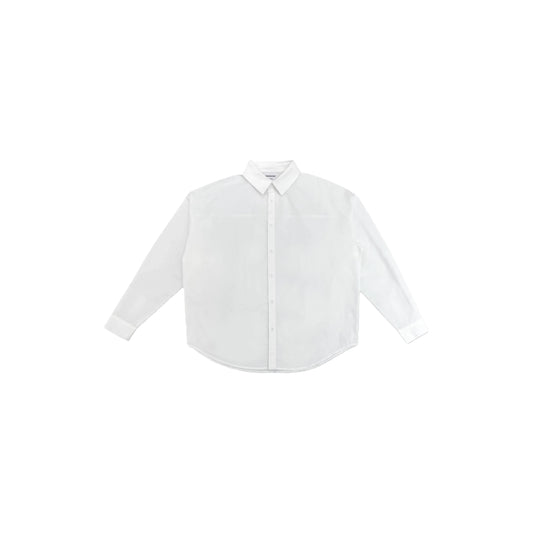 Front view flat lay of the unisex 100% cotton white shirt with 3D tailored silhouette.