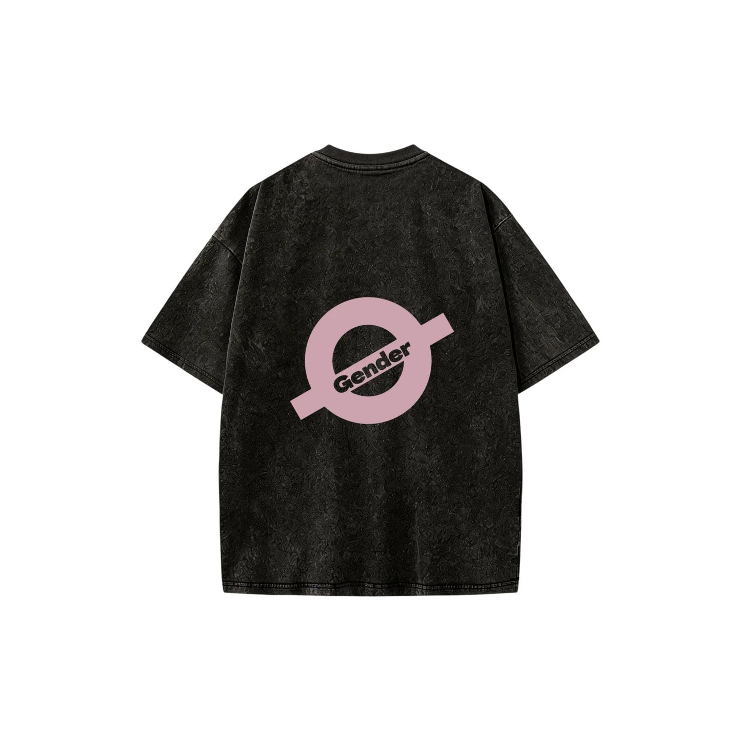 Back view of unisex washed black streetwear tee featuring large pink O-Gender graphic logo - ogender