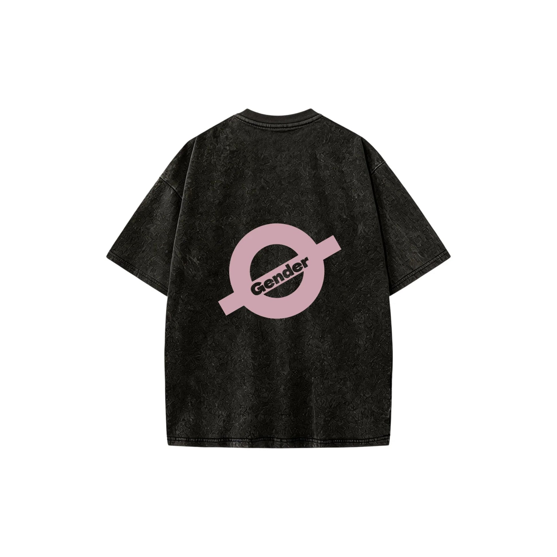 Back view of unisex washed black streetwear tee featuring large pink O-Gender graphic logo - ogender