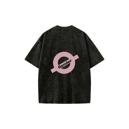 Back view of unisex washed black streetwear tee featuring large pink O-Gender graphic logo - ogender