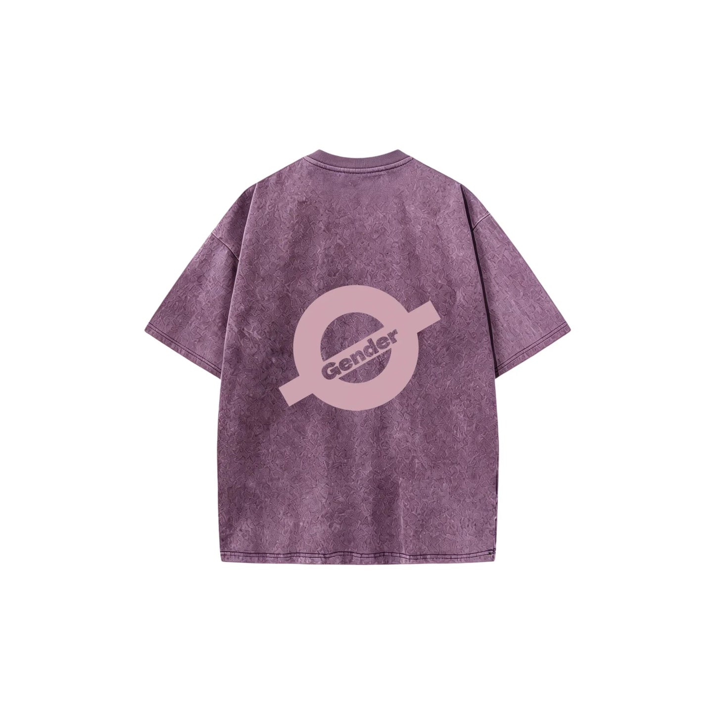 Back flat lay of Ogender washed purple vintage tee with large industrial O-Gender print