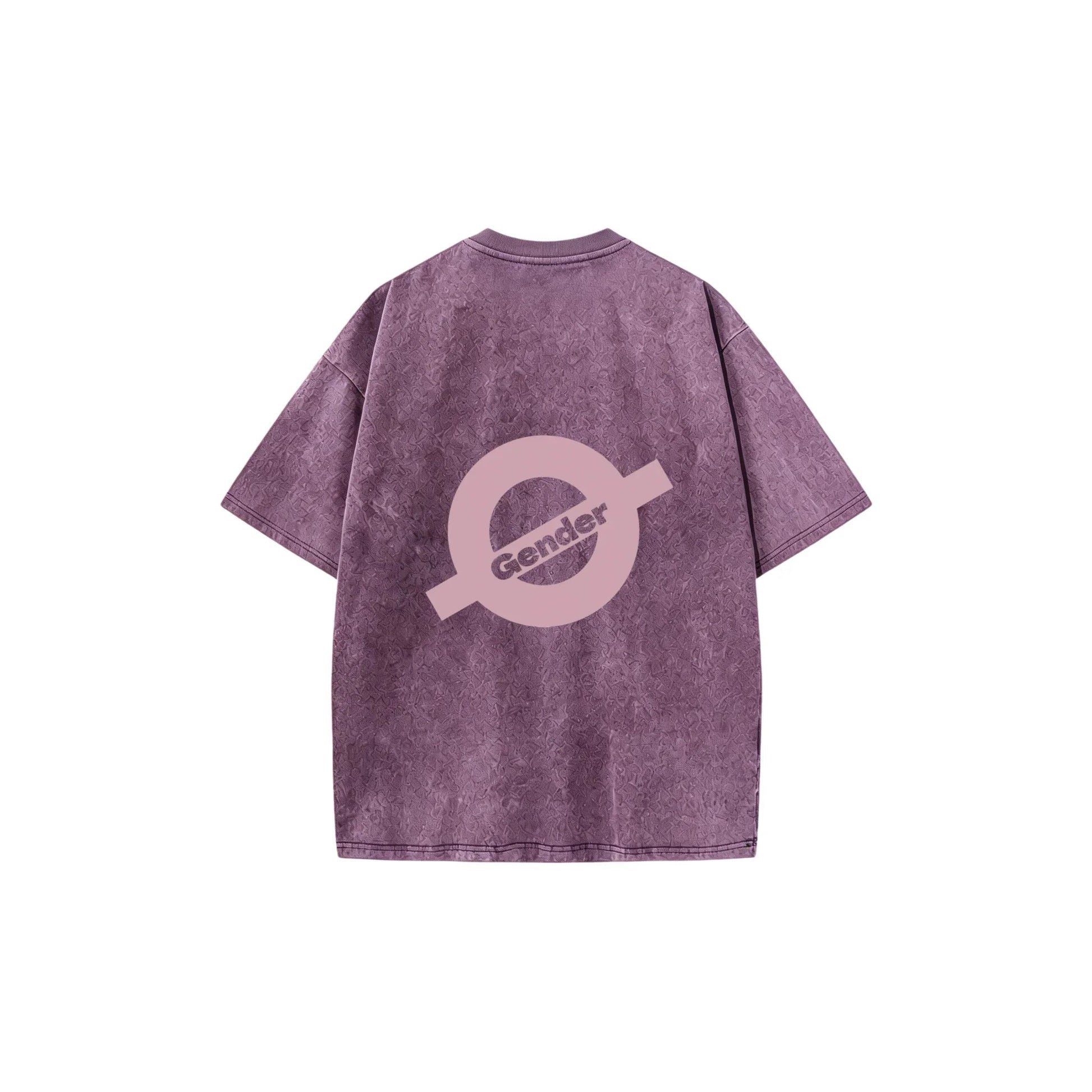 Back flat lay of Ogender washed purple vintage tee with large industrial O-Gender print