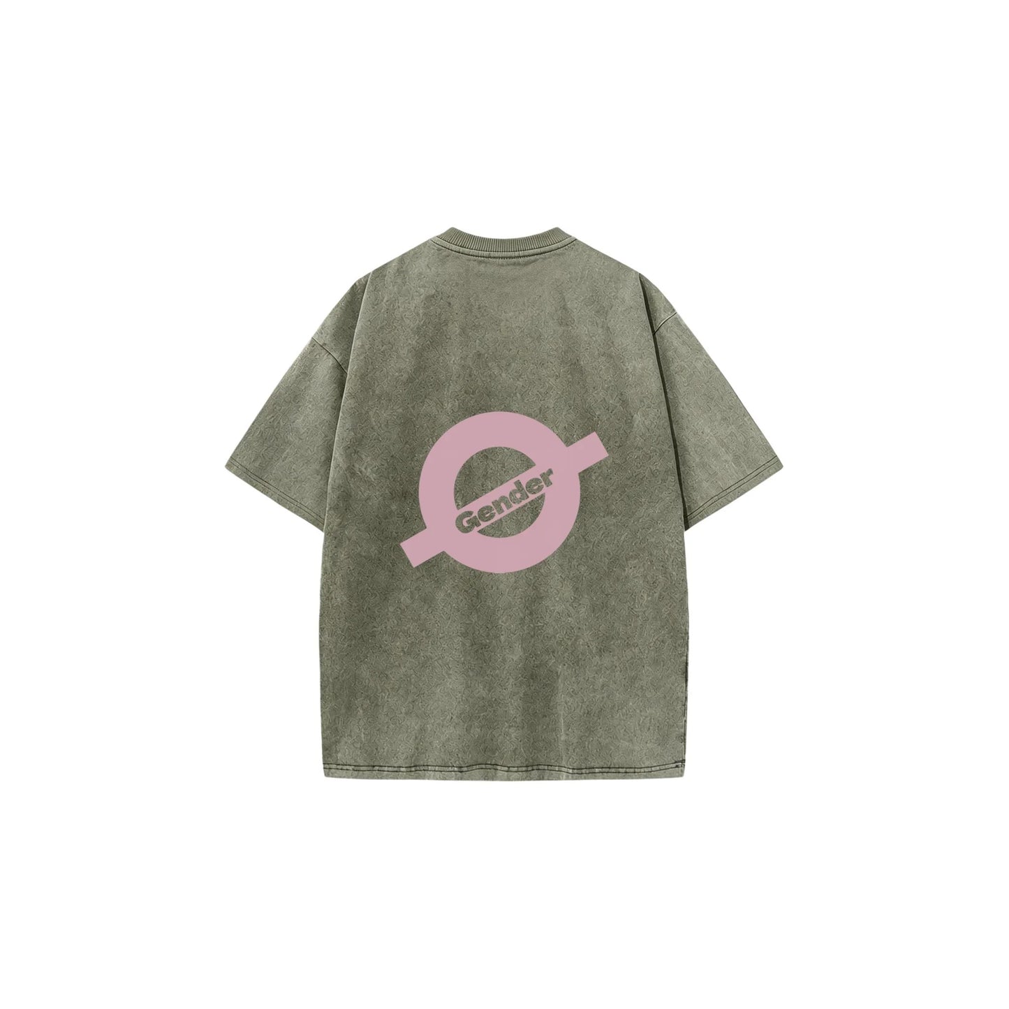 Back flat lay of Ogender washed sage green tee showing the iconic back branding