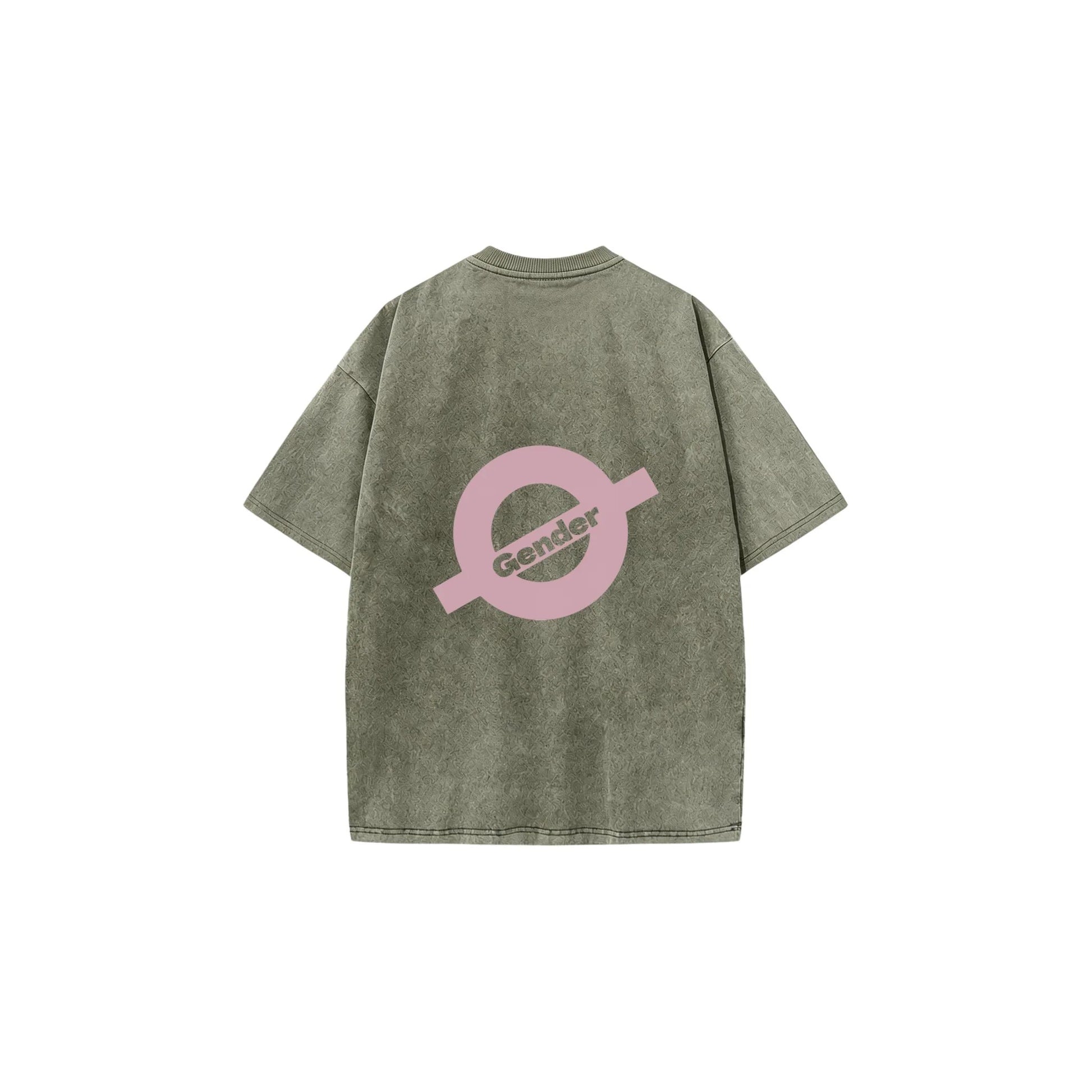 Back flat lay of Ogender washed sage green tee showing the iconic back branding